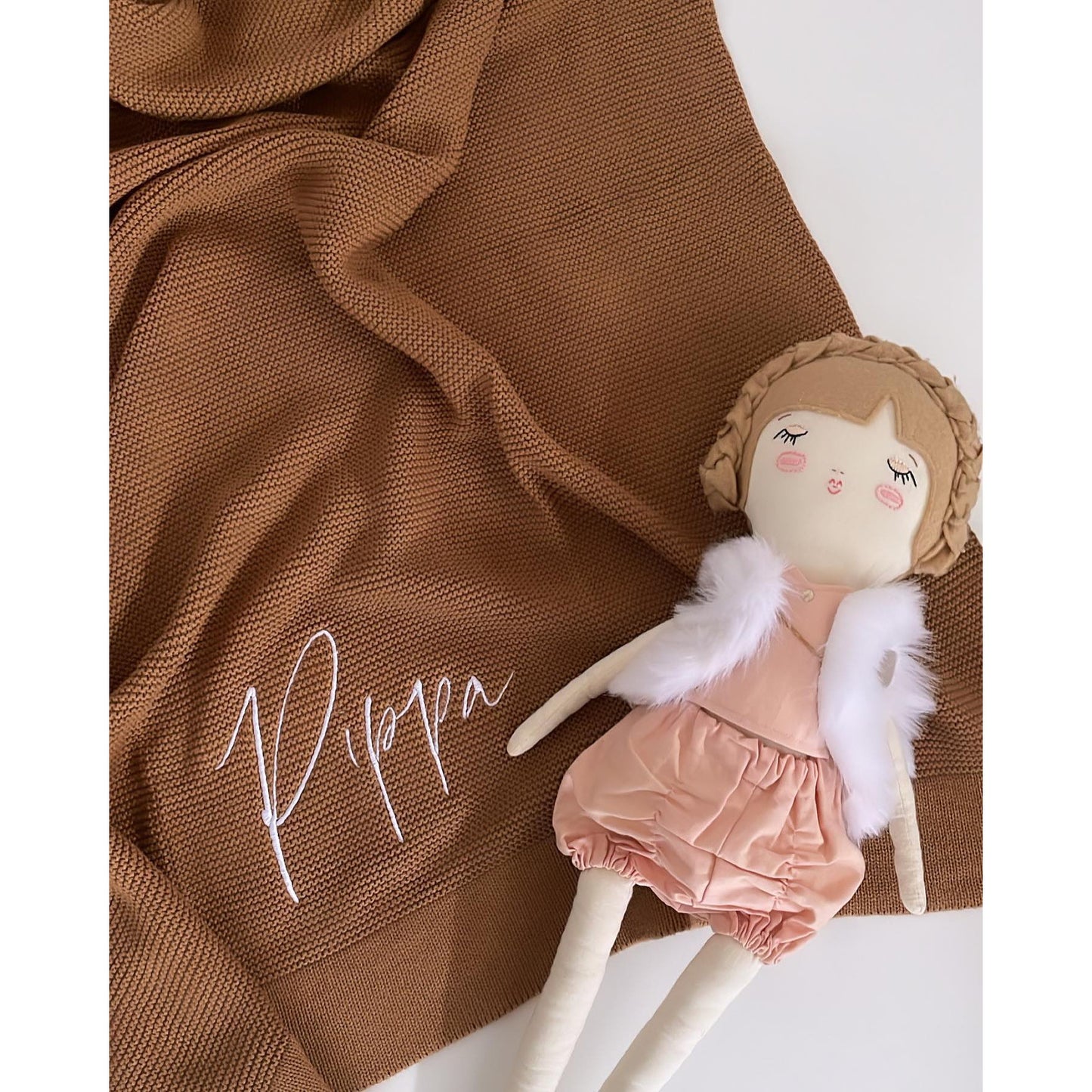 Chocolate Brown Knitted Personalised Baby Blanket