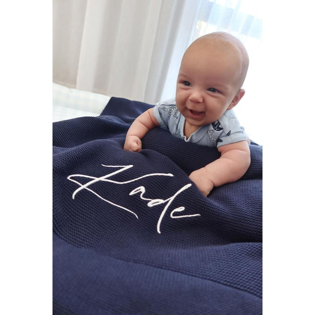 Navy Blue Knitted Personalised Baby Blanket