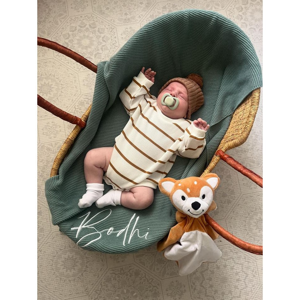 Sage Green Knitted Personalised Baby Blanket