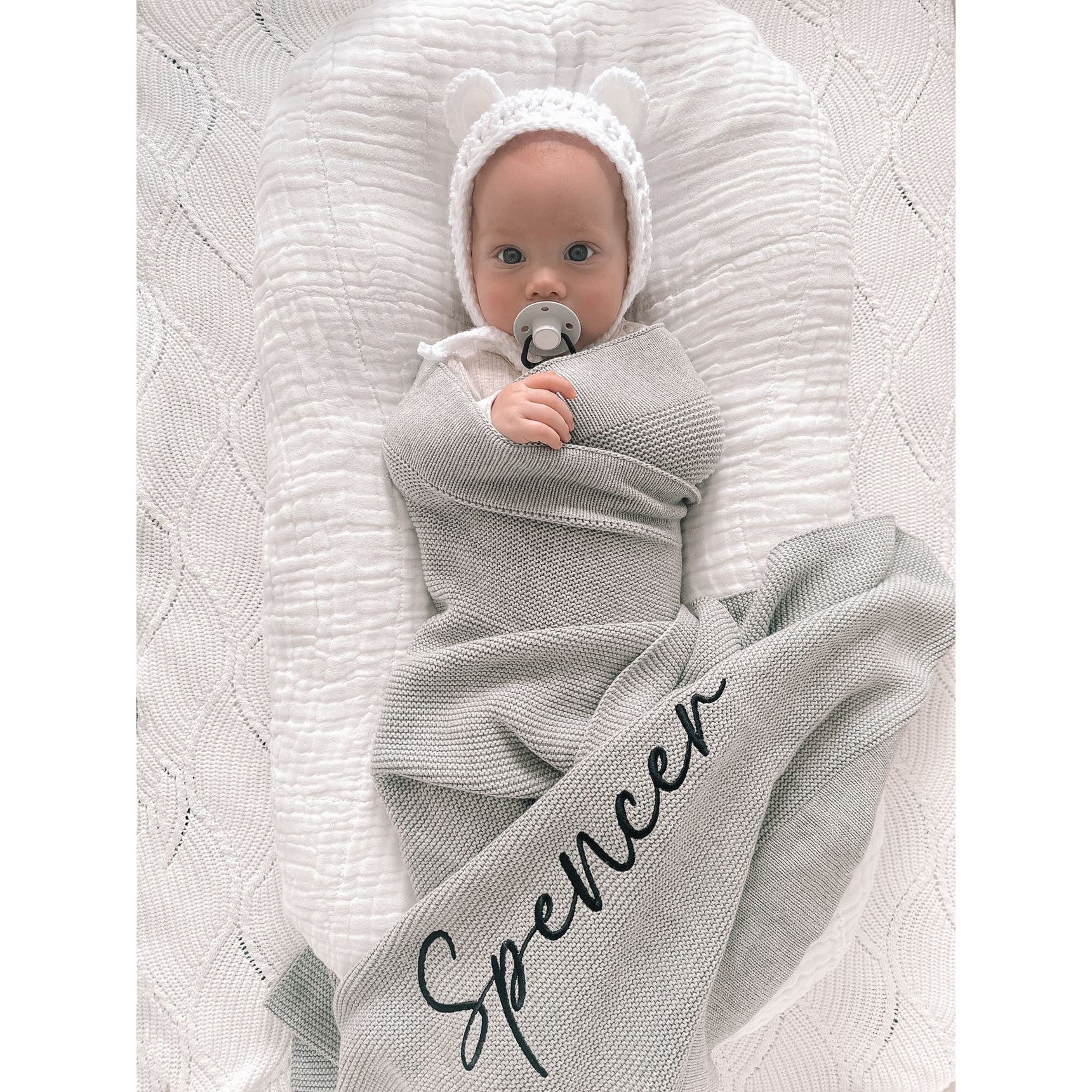 Storm Grey Knitted Personalised Baby Blanket