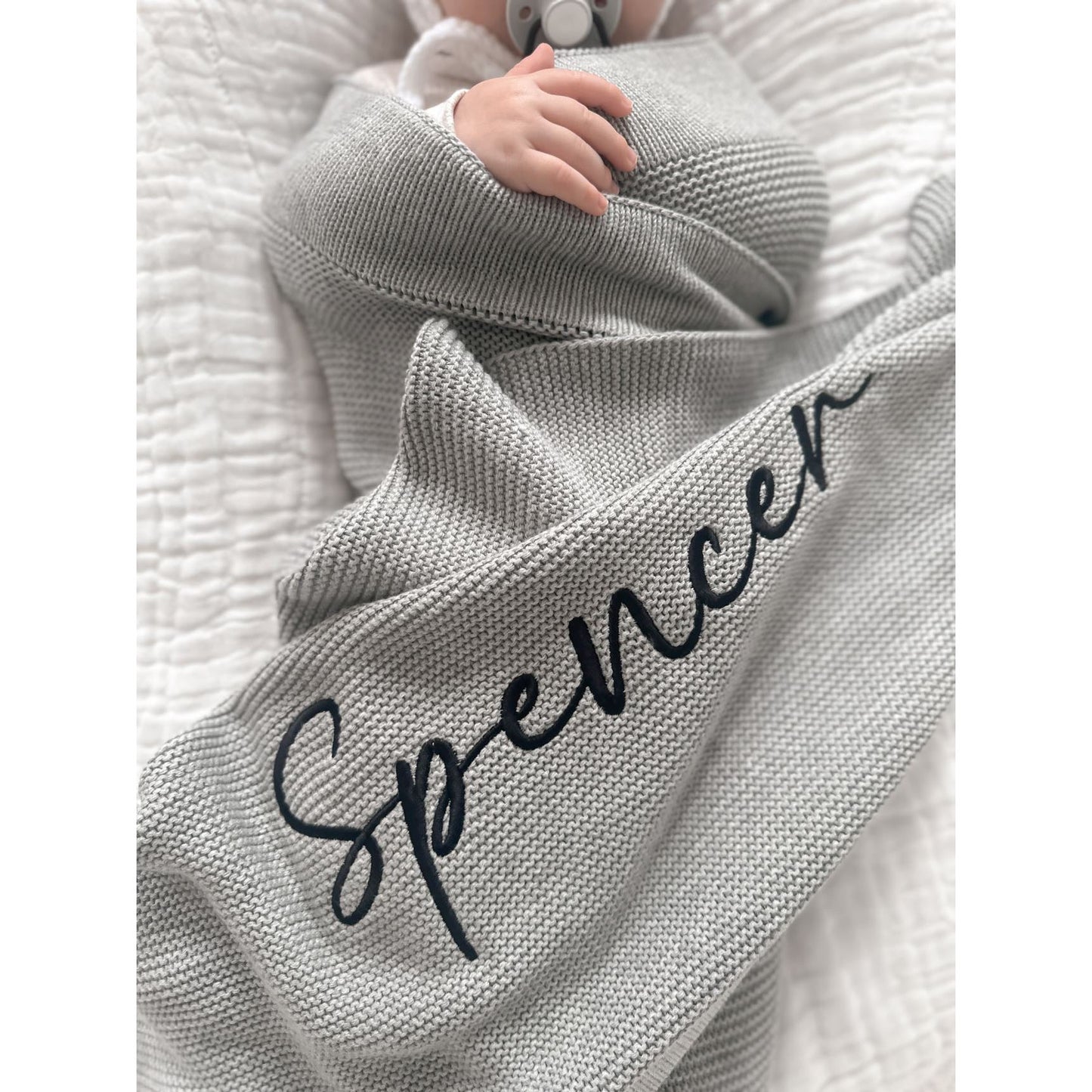 Storm Grey Knitted Personalised Baby Blanket