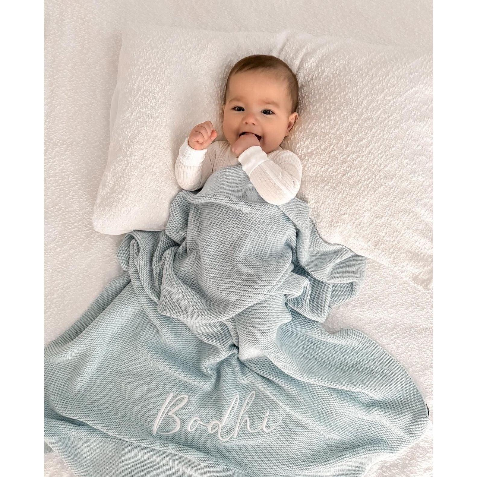 Pale Blue Knitted Personalised Baby Blanket