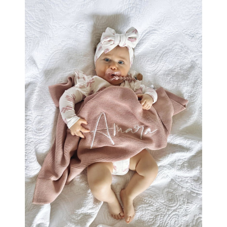 Dusty Pink Knitted Personalised Baby Blanket