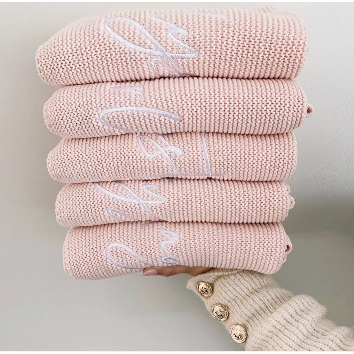 Pale Pink Knitted Personalised Baby Blanket