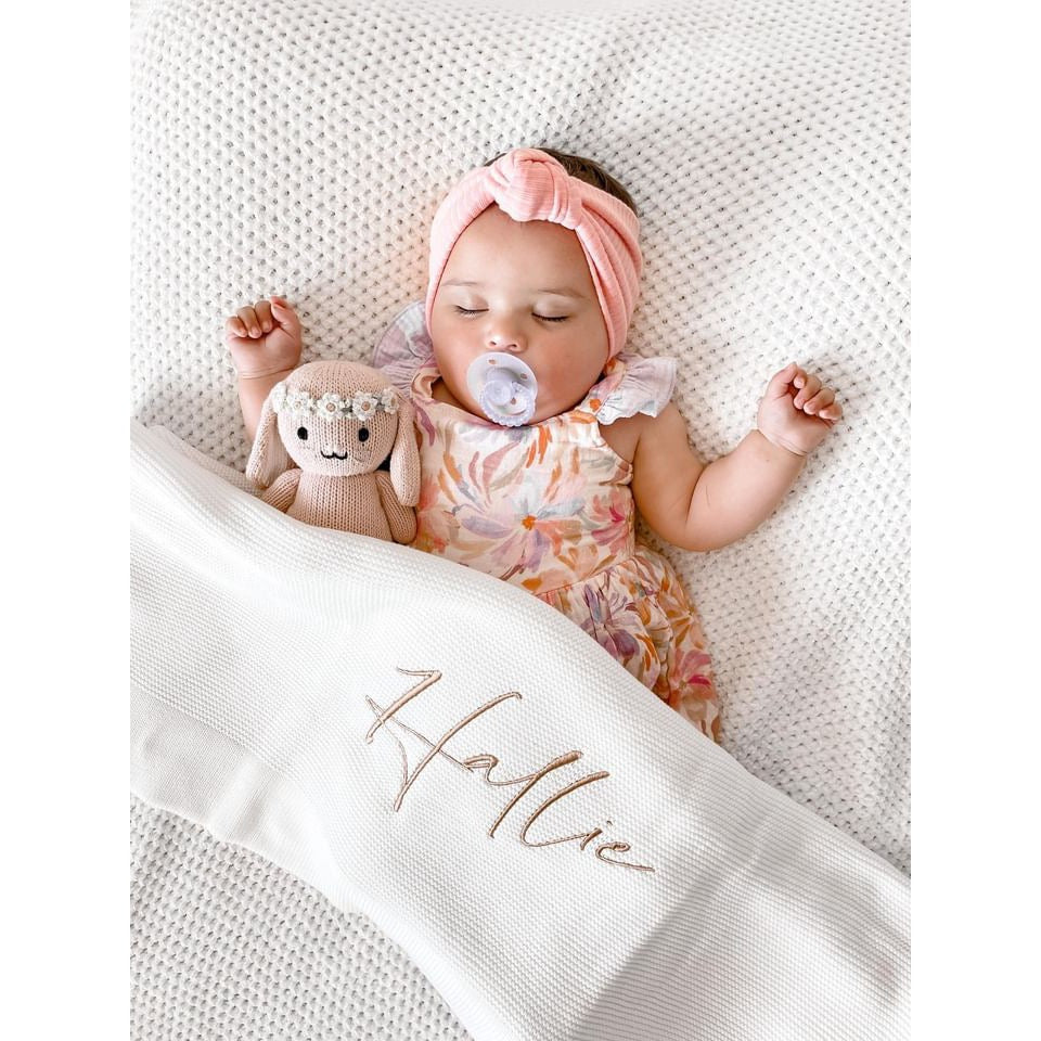 White Knitted Personalised Baby Blanket