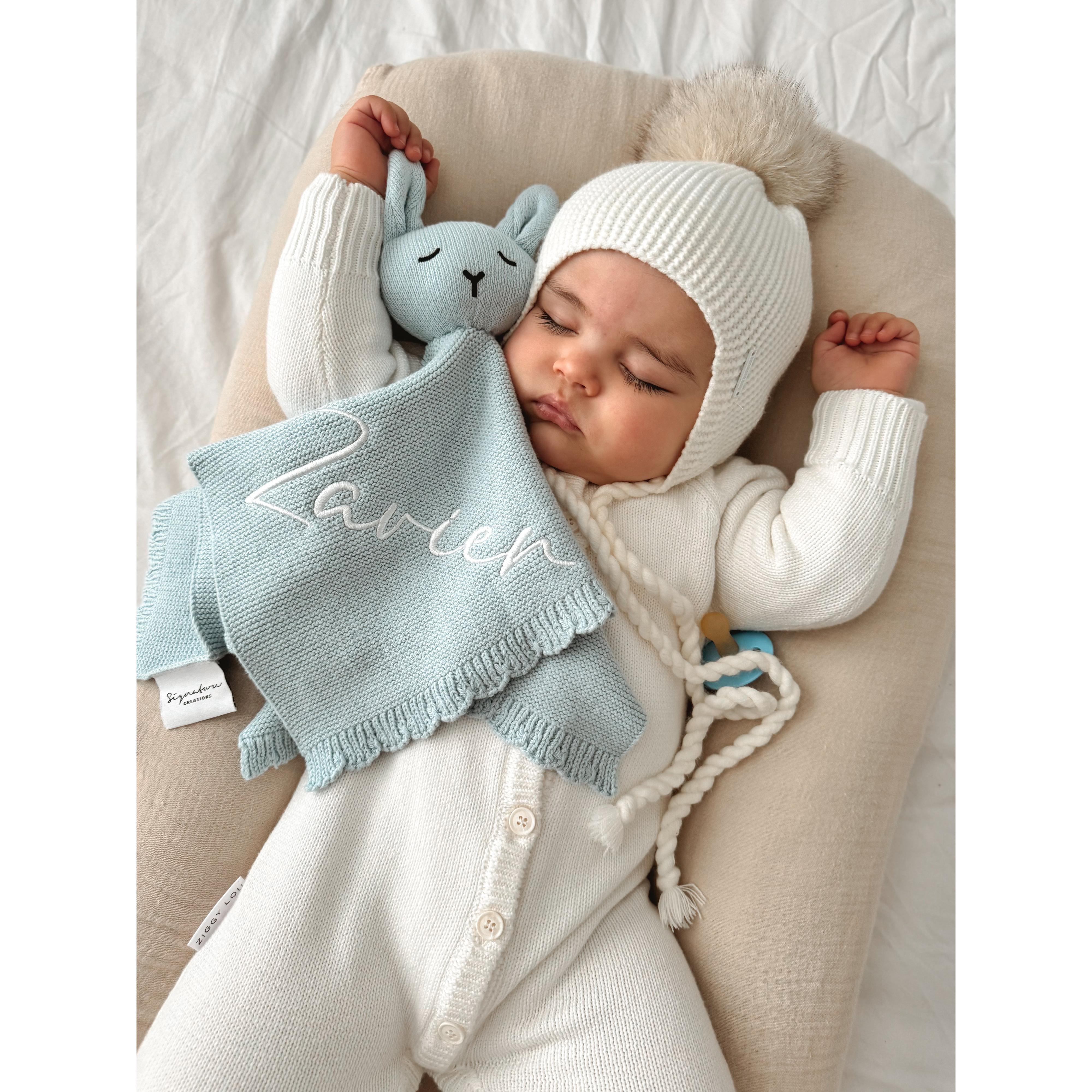Soft knit bunny comforter with custom name embroidery for newborn gift