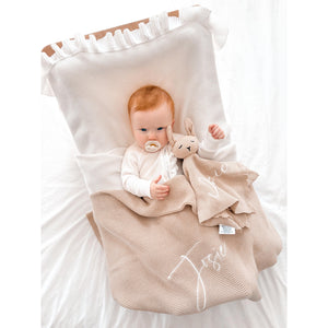 Soft knit bunny comforter with custom name embroidery for newborn gift