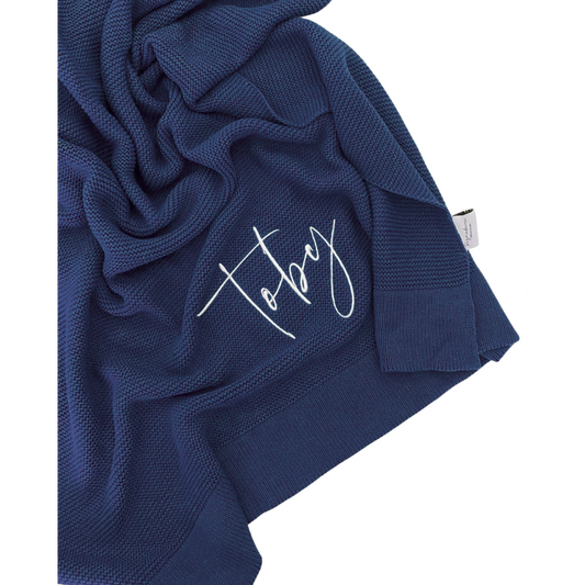 Navy Blue Knitted Personalised Baby Blanket